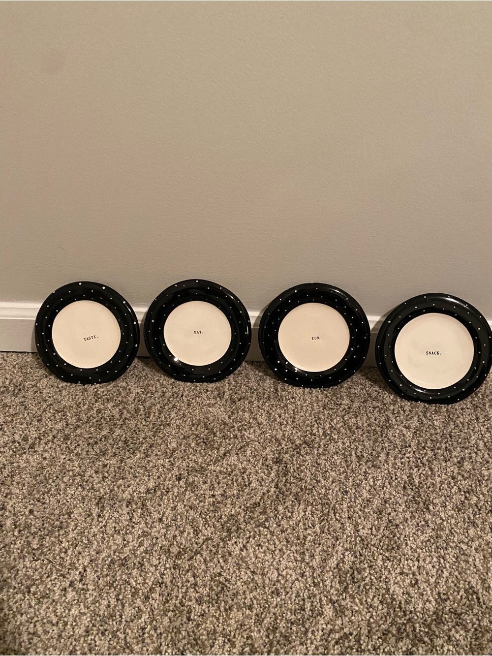 RAE DUNN Set Of 4 Black Polka Dot Accent Snack Plates